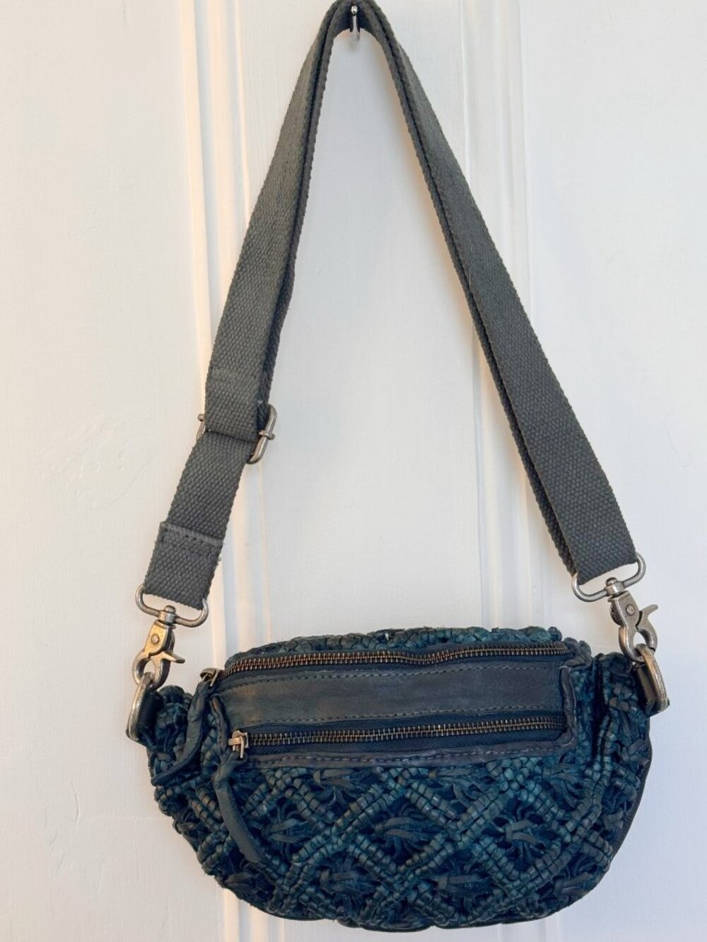 Latico Annie Belt Bag Leather Teal Woven Bag also wear as Sling Bag, Crossbody